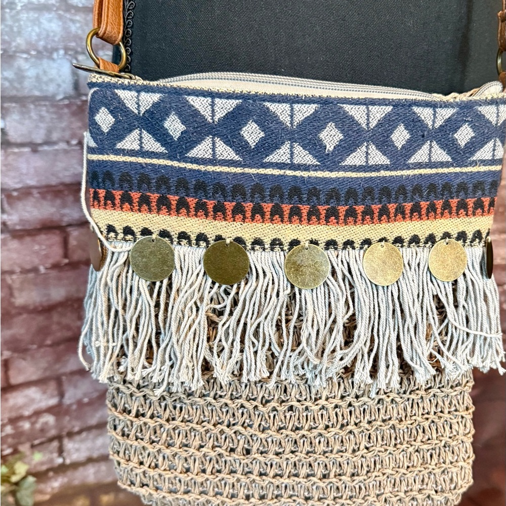 Fringed Boho Crossbody Bag in Navy, Tan and Cream